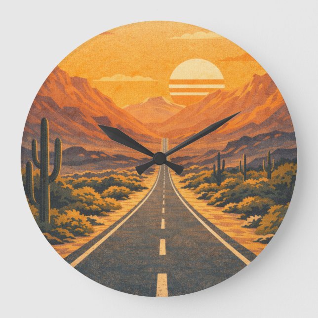 Reloj Redondo Grande Retro Desert Highway Sunset Landscape Clock (Anverso)