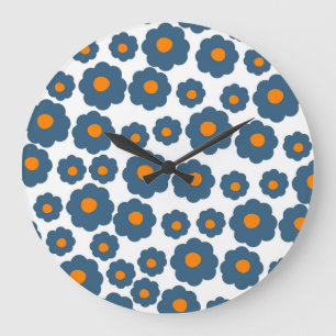 Reloj Redondo Grande Retro floral azul y Naranja caprichoso, alegre