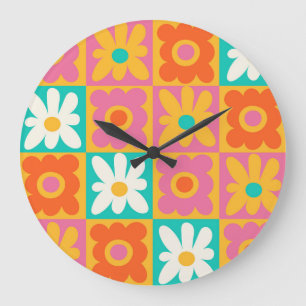 Reloj Redondo Grande Retro Floral de Cuadros Groovy Colorido de los 70