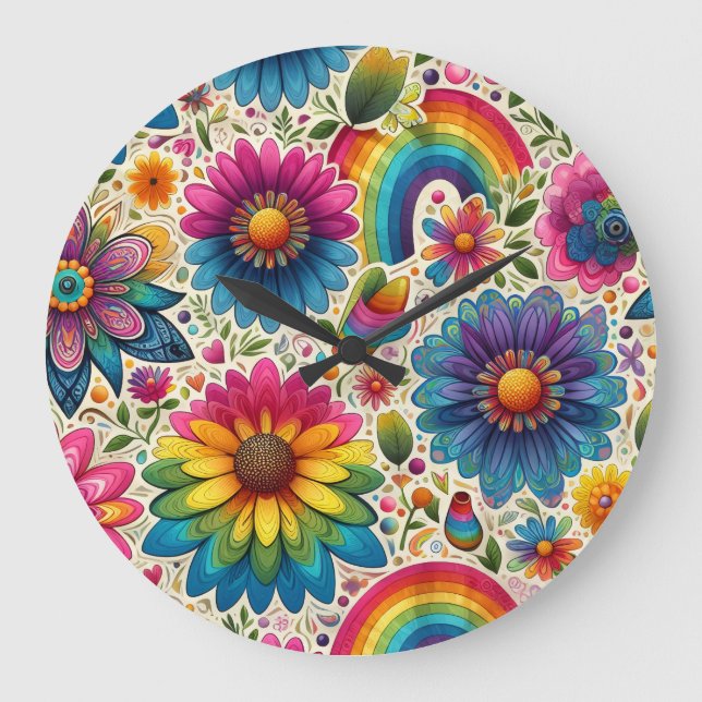Reloj Redondo Grande Retro Floral Hippie Arcoíris (Anverso)