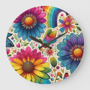Reloj Redondo Grande Retro Floral Hippie Arcoíris