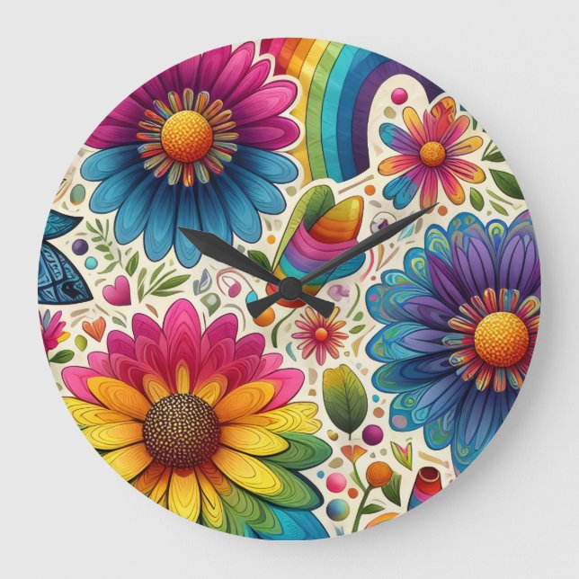 Reloj Redondo Grande Retro Floral Hippie Arcoíris (Anverso)