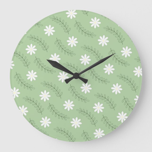 Reloj Redondo Grande Retro Floral Verde Sage caprichoso, alegre (Anverso)