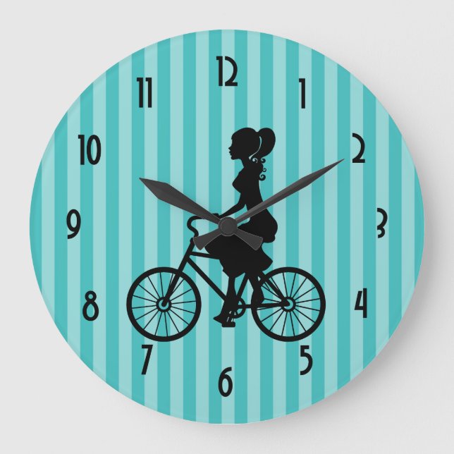 Reloj Redondo Grande Retro Girl Cyclist Silhouette (Anverso)
