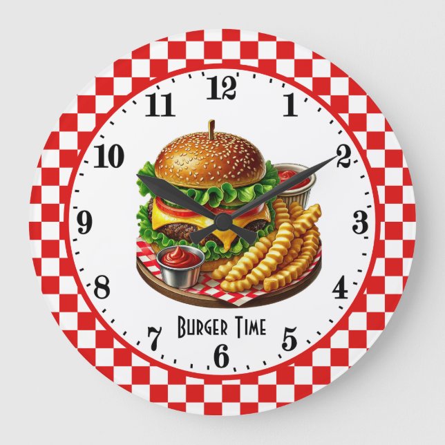 Reloj Redondo Grande Retro hamburger fries 50's diner (Anverso)