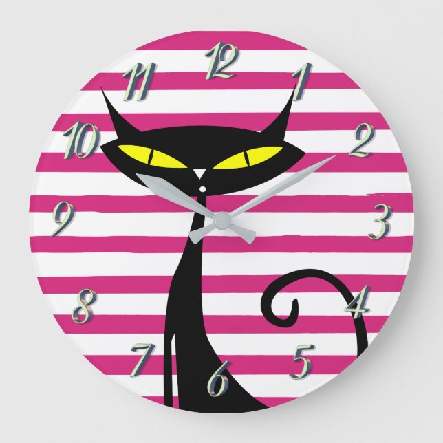 Reloj Redondo Grande Retro Mid Century Modern Black Cat Pink Stripes (Anverso)