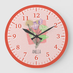 Reloj Redondo Grande Retro Niños Dotados Arte Floral Rojo