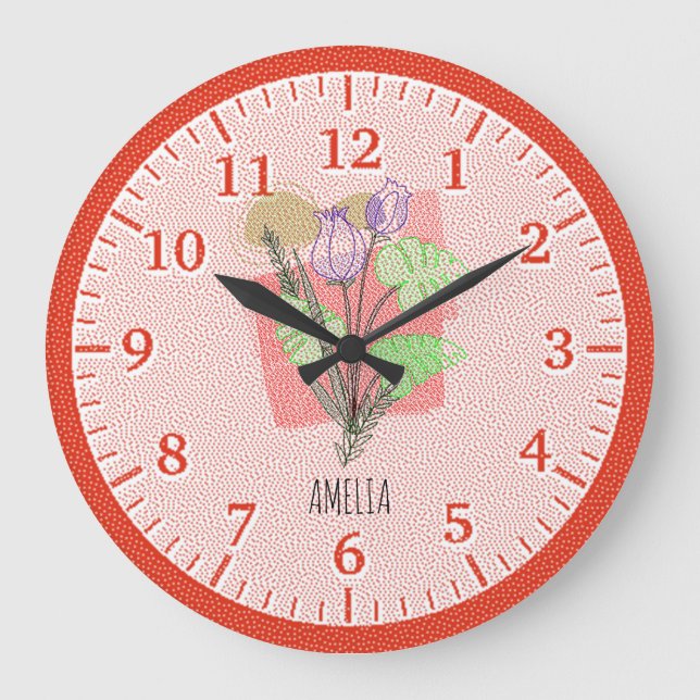Reloj Redondo Grande Retro Niños Dotados Arte Floral Rojo (Anverso)