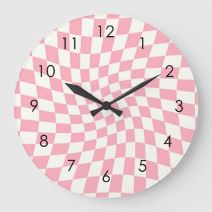 Reloj Redondo Grande Retro Pastel Pink Checks Warped Checkered Dorm  