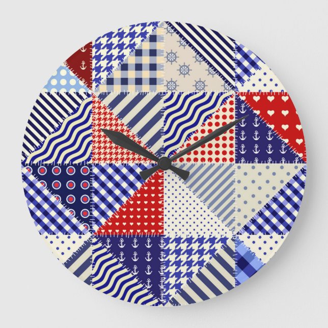 Reloj Redondo Grande Retro Patchwork Triángulos de Estilo Nautico (Anverso)