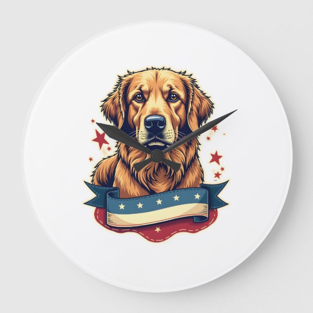 Reloj Redondo Grande Retro Patriotic Golden Retriever Engraving Tee 4 (Anverso)