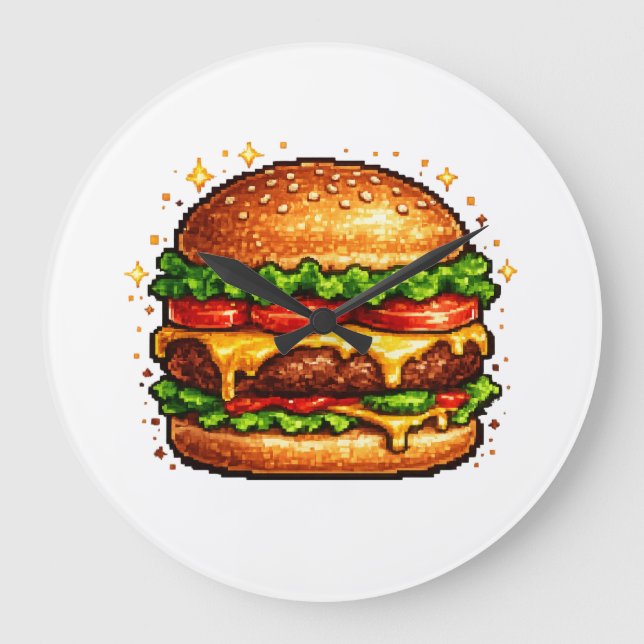 Reloj Redondo Grande Retro Pixel Cheeseburger Clock (Anverso)