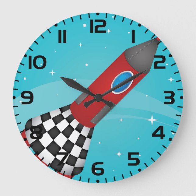 Reloj Redondo Grande Retro Red Rocket Ship in Space Galactic (Anverso)
