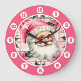 Reloj Redondo Grande Retro Rosa Santa Claus Navidades Floral Plaid