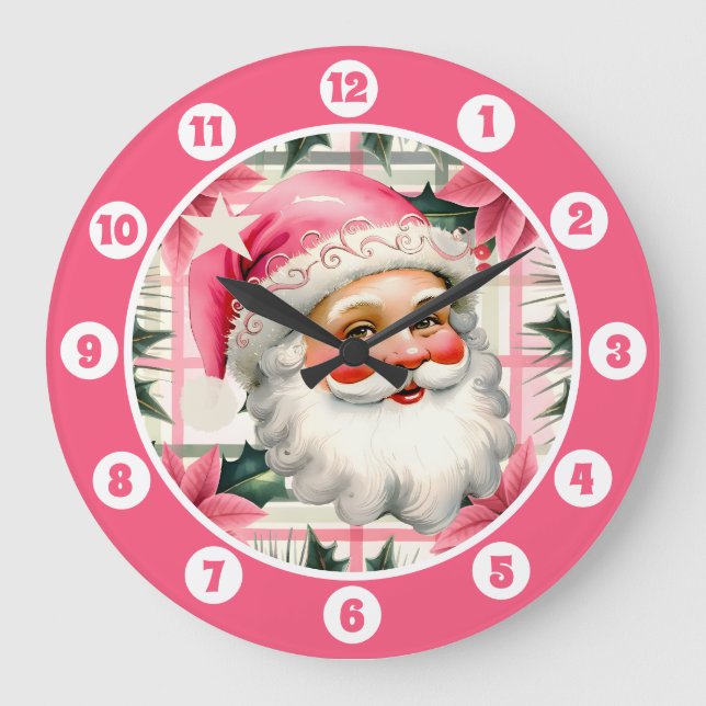 Reloj Redondo Grande Retro Rosa Santa Claus Navidades Floral Plaid (Anverso)