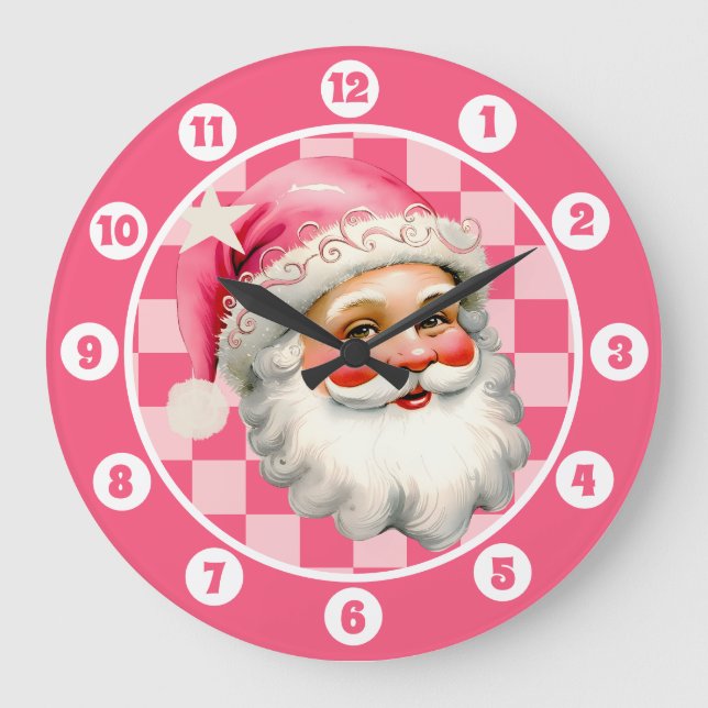 Reloj Redondo Grande Retro Rosa Santa Claus Navidades rosados en tafetá (Anverso)