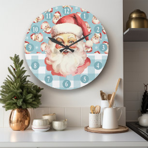 Reloj Redondo Grande Retro Santa Claus Cuadro Escocés Azul y Blanco de