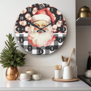 Reloj Redondo Grande Retro Santa Claus de Cuadros Negro y Blanco de Nav