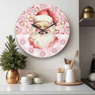 Reloj Redondo Grande Retro Santa Claus de cuadros rosados y blancos de 