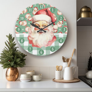 Reloj Redondo Grande Retro Santa Claus de Cuadros Verde y Blanco Navida