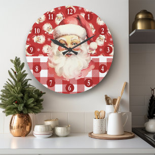 Reloj Redondo Grande Retro Santa Claus Rojo Y Blanco Cuadros Navidad