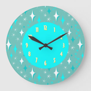 Reloj Redondo Grande Retro Verde Teal Blanco Estrellas Amarillo Números