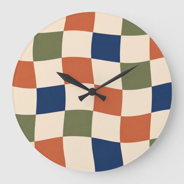 Reloj Redondo Grande Retro Wavy Checkerboard 70s Aesthetic Clock (Anverso)