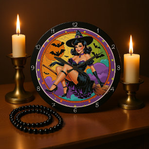 Reloj Redondo Grande Retro Witch Naranja Moon