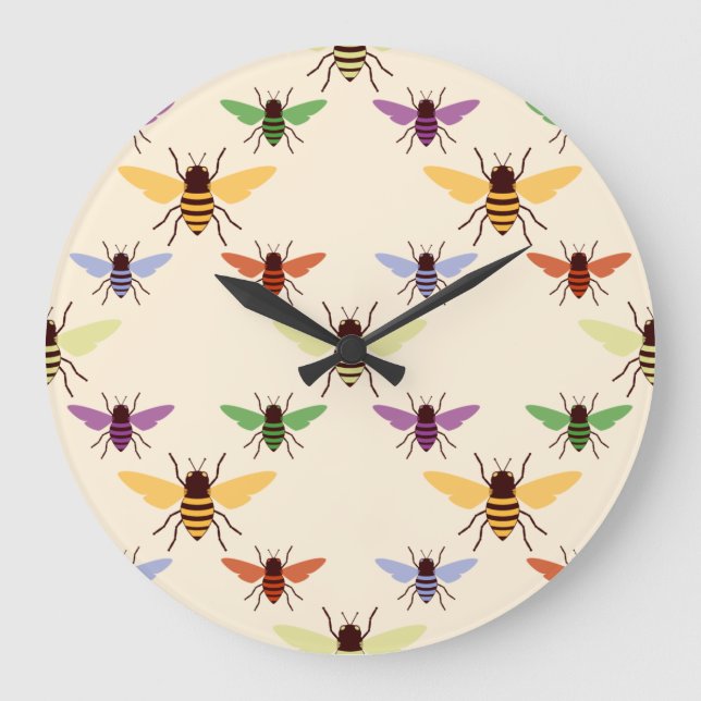 Reloj Redondo Grande Retro woodland rainbow bees bumblebees pattern (Anverso)