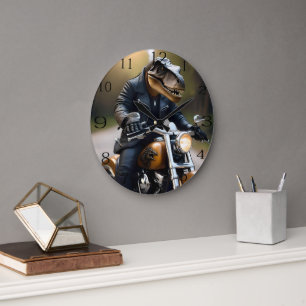 Reloj Redondo Grande **"Rex reactivado: T-Rex en cuero en motocicleta