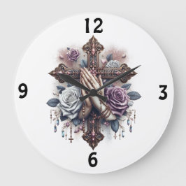 Reloj Redondo Grande Rezando las manos con Rosery, Cruz, Rosas
