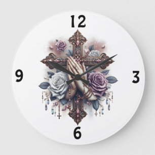 Reloj Redondo Grande Rezando las manos con Rosery, Cruz, Rosas
