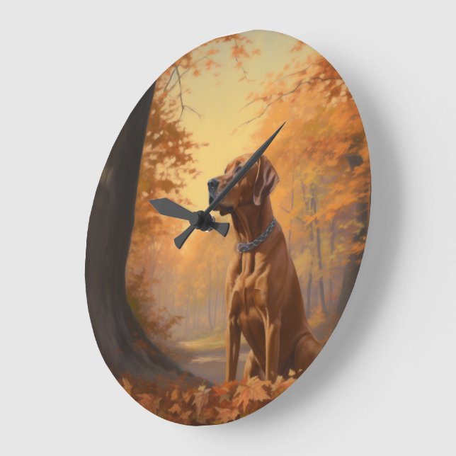 Reloj Redondo Grande Rhodesian Ridgeback  en Otoño Hojas Caídas Inspira (Ángulo)