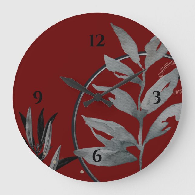 Reloj Redondo Grande Rica Burgundy y gris acuarela artística Botánica (Anverso)