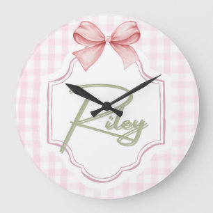 Reloj Redondo Grande Riley Baby Nursery Personalizado Bow&Gingham