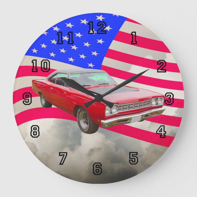 Reloj Redondo Grande Roadrunner 1968 de Plymouth y bandera americana (Anverso)