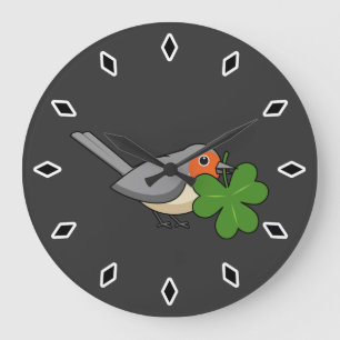 Reloj Redondo Grande Robin lindo con Shamrock Clover Personalizado