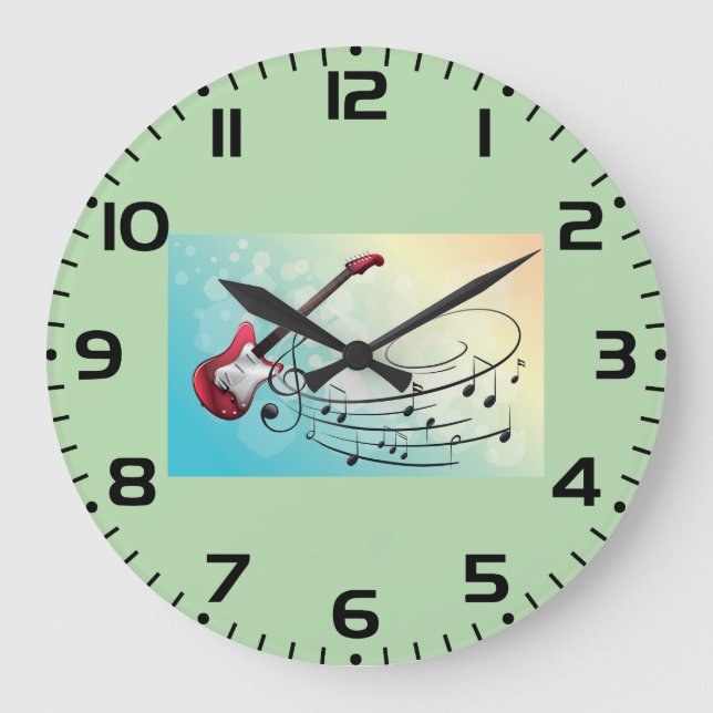 Reloj Redondo Grande Rock and Roll Electric Guitar Swirling Music Notes (Anverso)