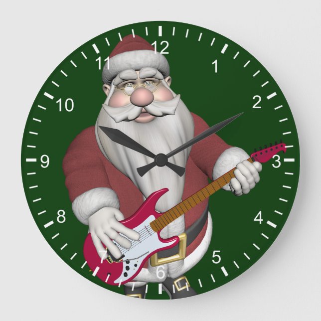 Reloj Redondo Grande Rock Star Santa con guitarra eléctrica roja (Anverso)
