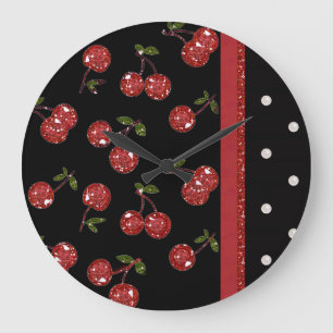 Reloj Redondo Grande Rockabilly Muy cerezas Cerezas Negro