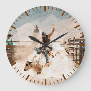 Reloj Redondo Grande Rodeo de toros montando rústico occidental 