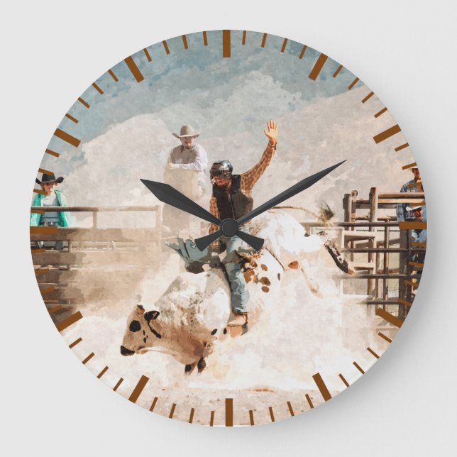 Reloj Redondo Grande Rodeo de toros montando rústico occidental  (Anverso)