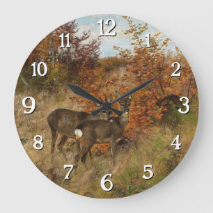Reloj Redondo Grande Roe Deer con otoño deja vida silvestre vintage