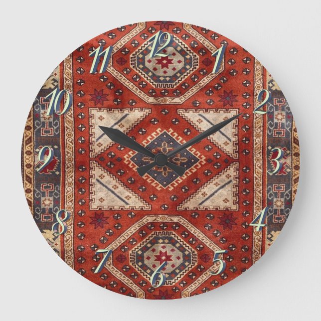 Reloj Redondo Grande Rojo de alfombra persa turca oriental (Anverso)