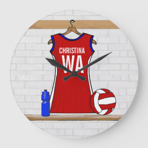 Reloj Redondo Grande Rojo de encargo del uniforme del Netball con azul