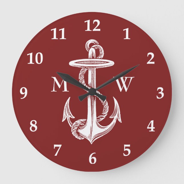 Reloj Redondo Grande Rojo de vino blanco de la cuerda del ancla del (Anverso)