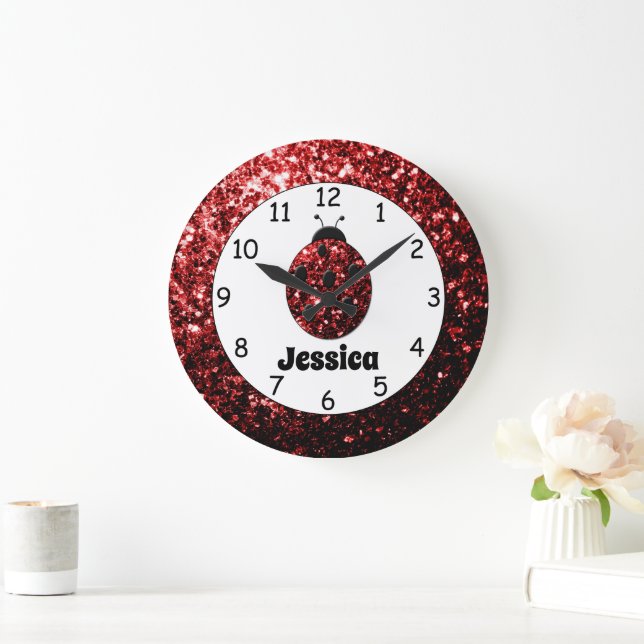 Reloj Redondo Grande Rojo ladybug ladybird chispas Nombre personalizado (Hogar)