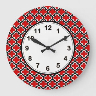 Reloj Redondo Grande Rojo Negro Blanco Patrón Marroquí de Cuatro Hojas 