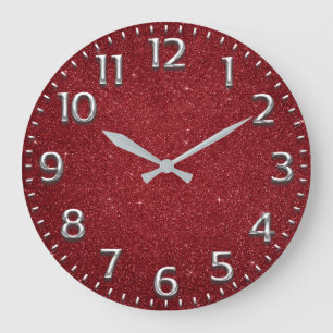 Reloj Redondo Grande Rojo purpurina números árabe Metalizado plata gris