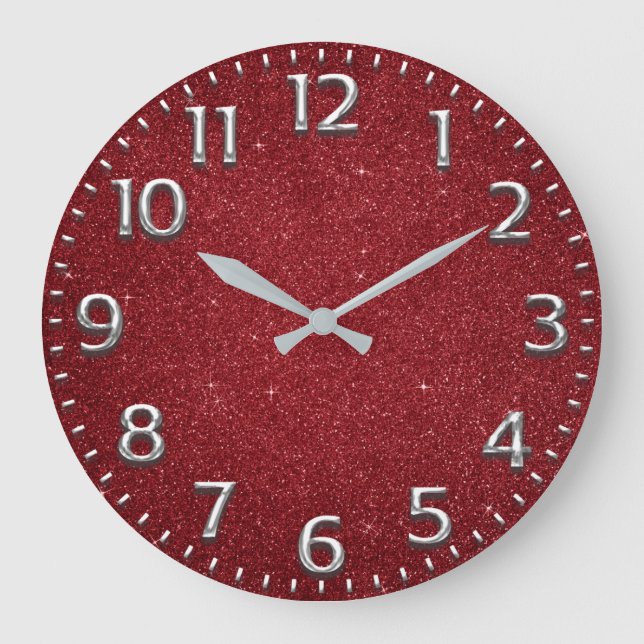 Reloj Redondo Grande Rojo purpurina números árabe Metalizado plata gris (Anverso)